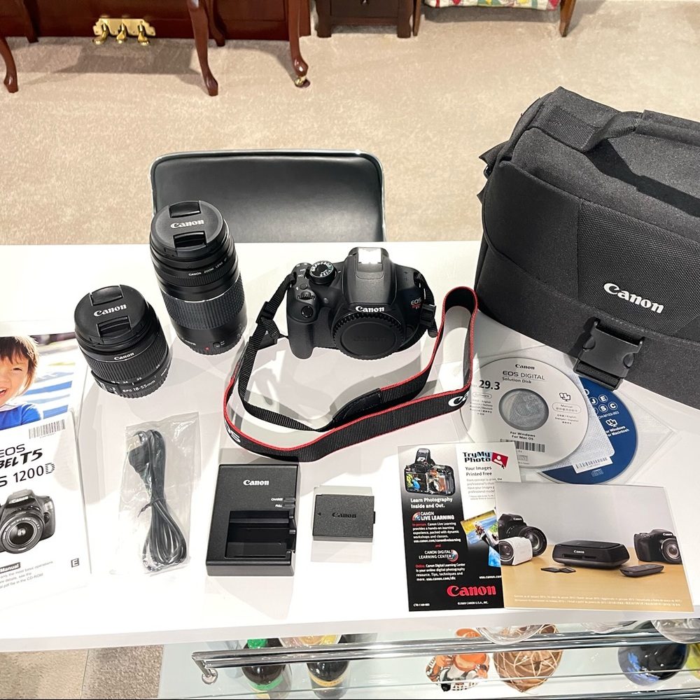 CANON EOS RebelT5, EOS 1200D, BLACK w/ 2 Zoom Lenses,